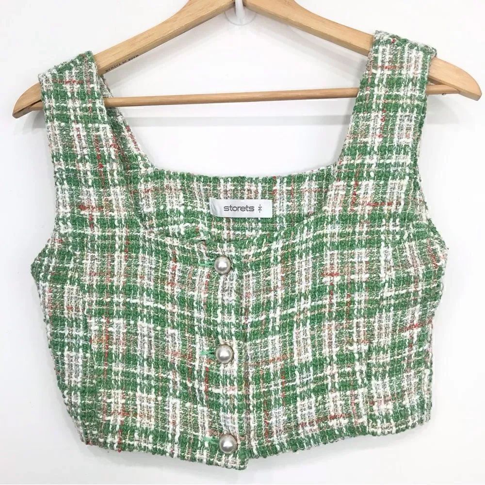 Storets DIANA Green White Plaid Tweed Pearl Button Crop Tank